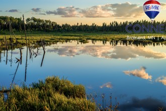 a tranquil pond refects a boreal forest and drifting clouds at sunset northern minnesota.